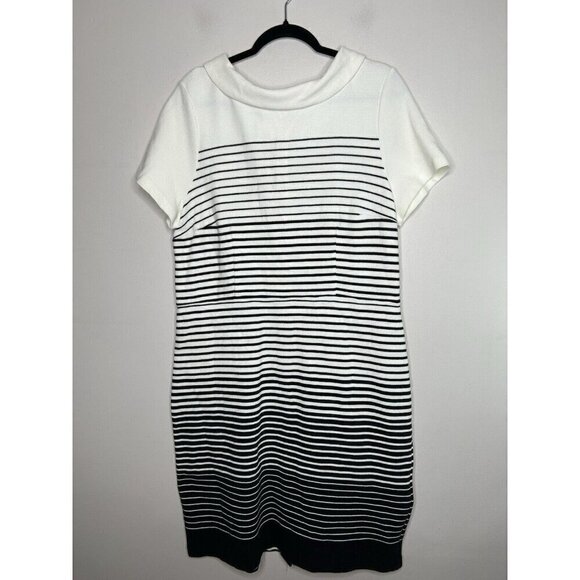 Talbots Black White Midi Collared Stripes Short Sleeve Size 16 - Picture 2 of 14